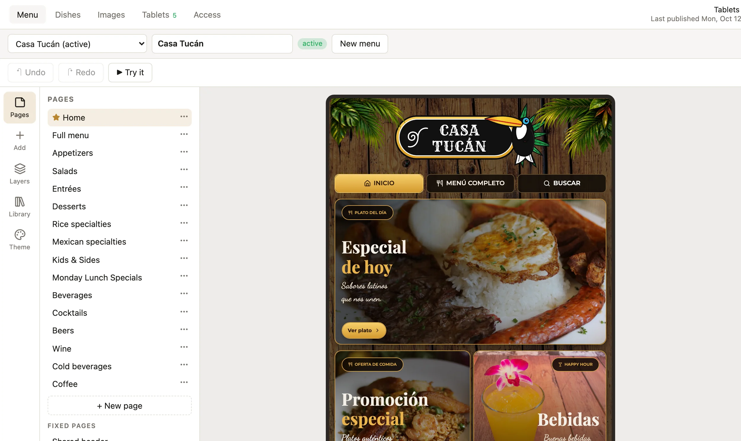 The Carta design studio: pages on the left and the live tablet preview