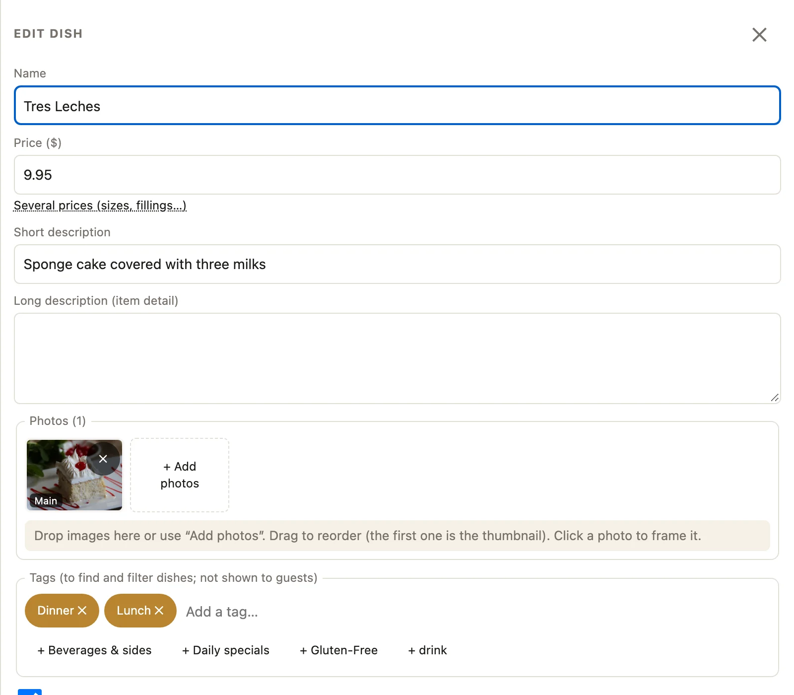 Staff view: editing a dish's price, description and photos