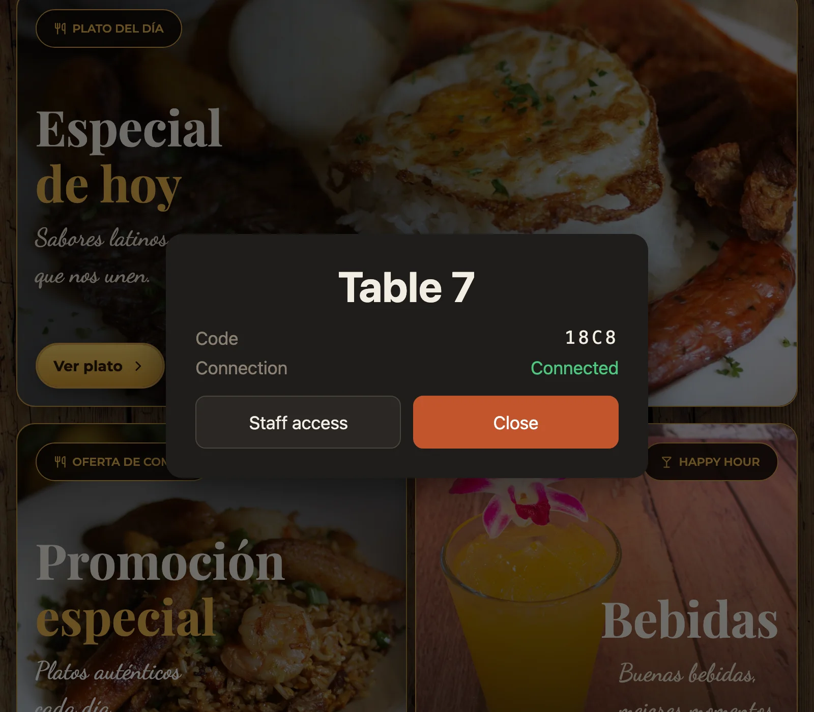 The hidden staff card on a guest tablet with a Staff access button