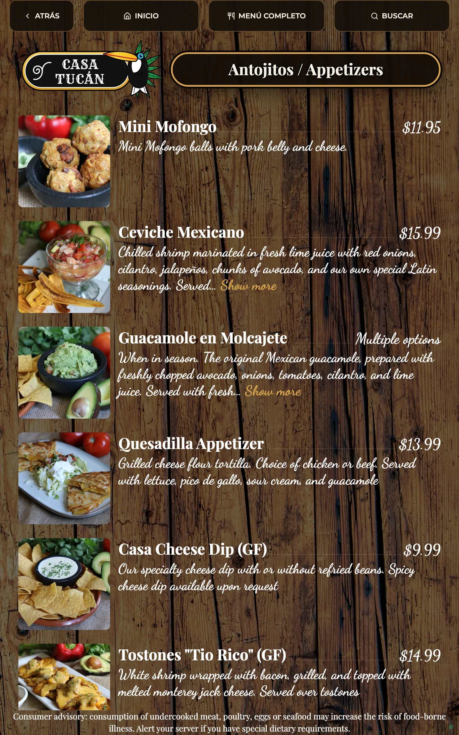 Upright dish list with photos