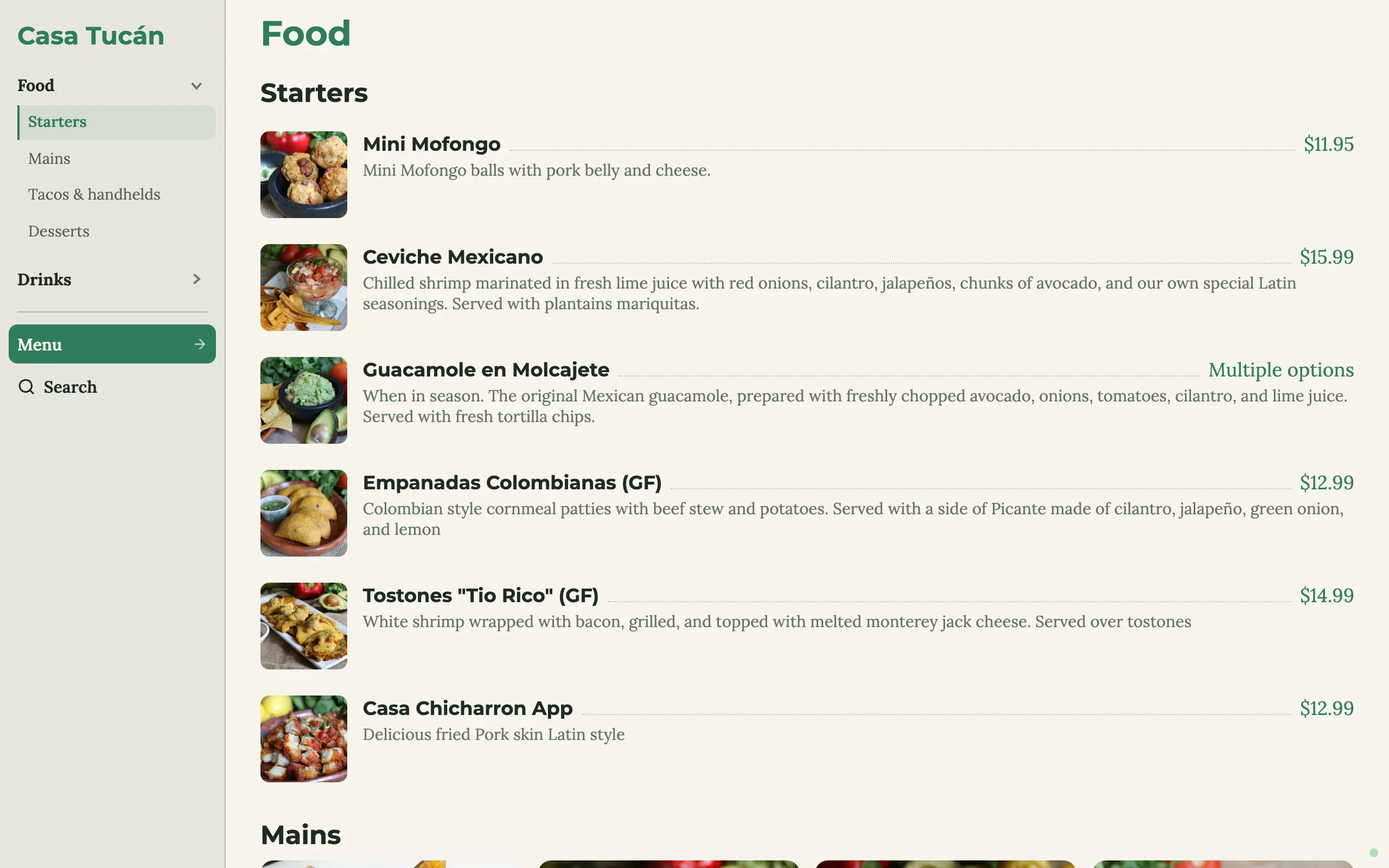 Clean sideways menu, starters
