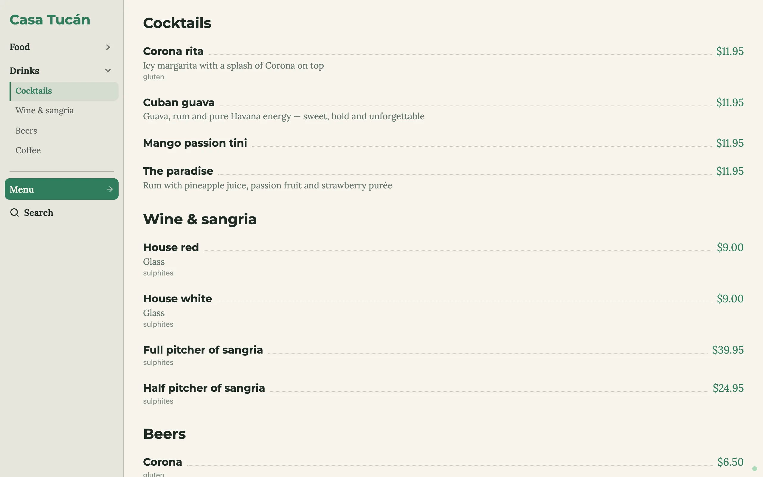 Clean sideways menu, drinks
