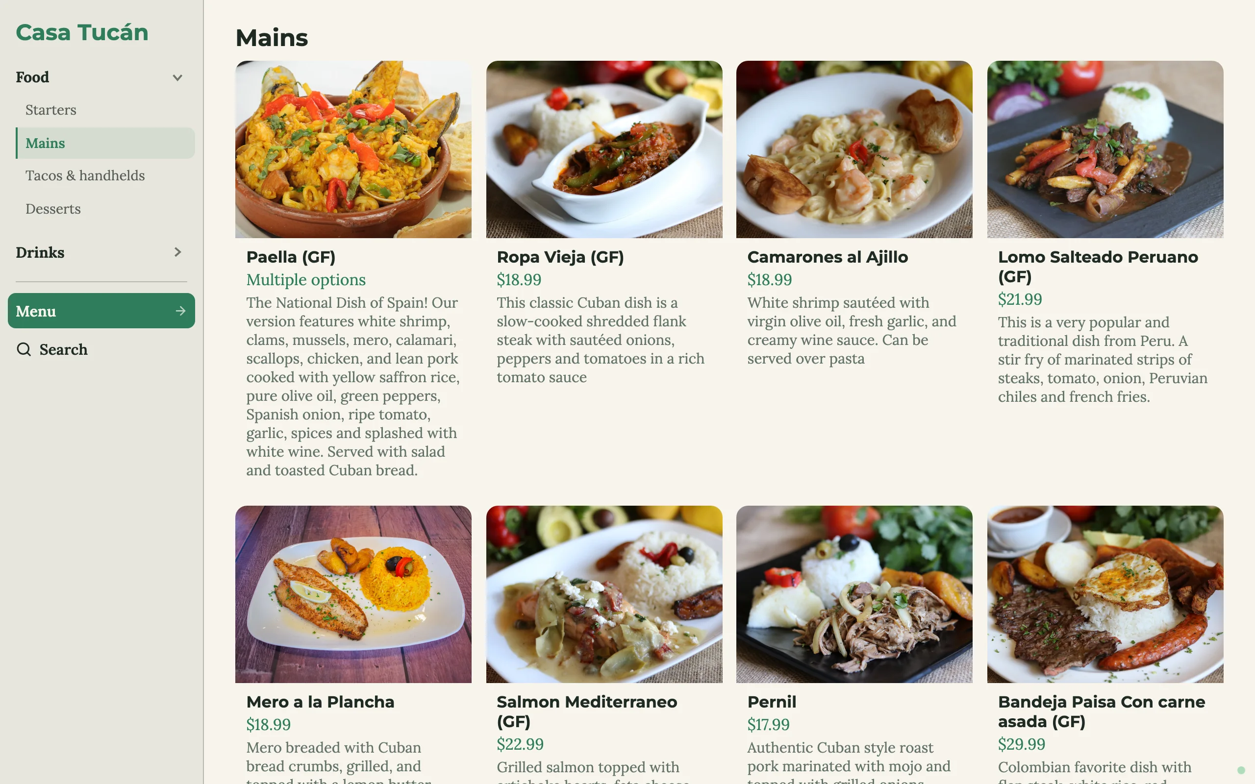 Clean sideways menu, mains as photo cards